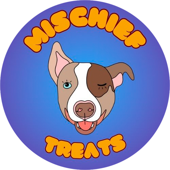 Our Story: the winking Mischief Treats pit bull mascot