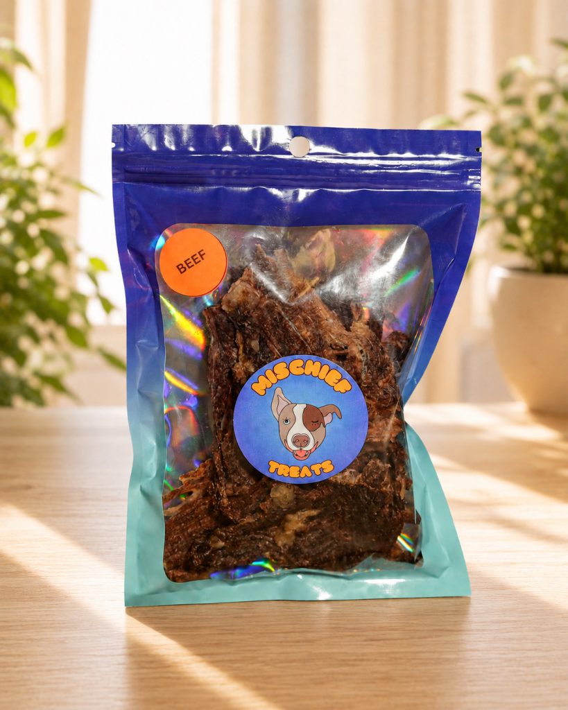 Mischief Treats Beef dog-treat pouch on a wooden table in a sunlit room