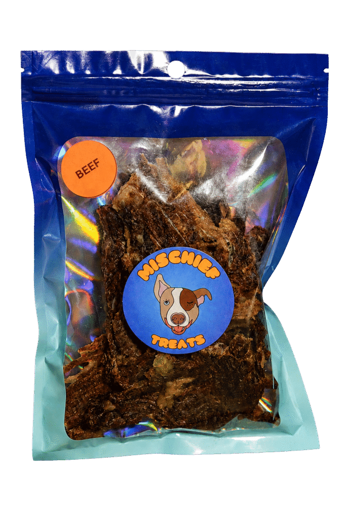 Mischief Treats beef dog-treat pouch, single-ingredient dog treats, with a transparent background