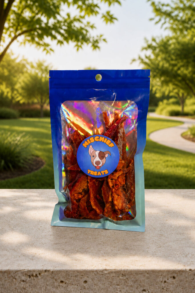 Mischief Treats chicken jerky dog treats in a pouch on a stone ledge in a leafy park
