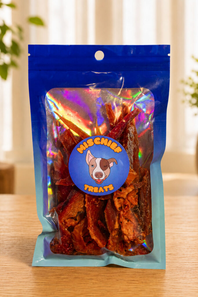 Mischief Treats chicken jerky dog treats in a pouch on a wooden table in a sunlit room