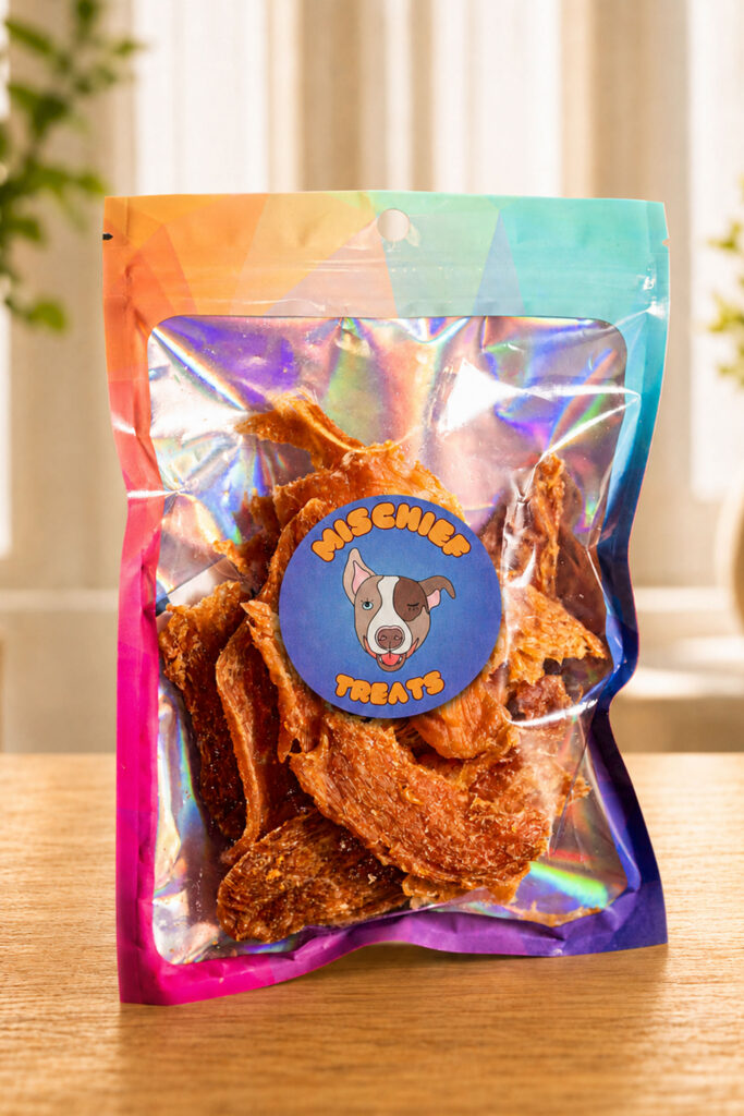 Mischief Treats Fish dog-treat pouch on a wooden table in a sunlit room