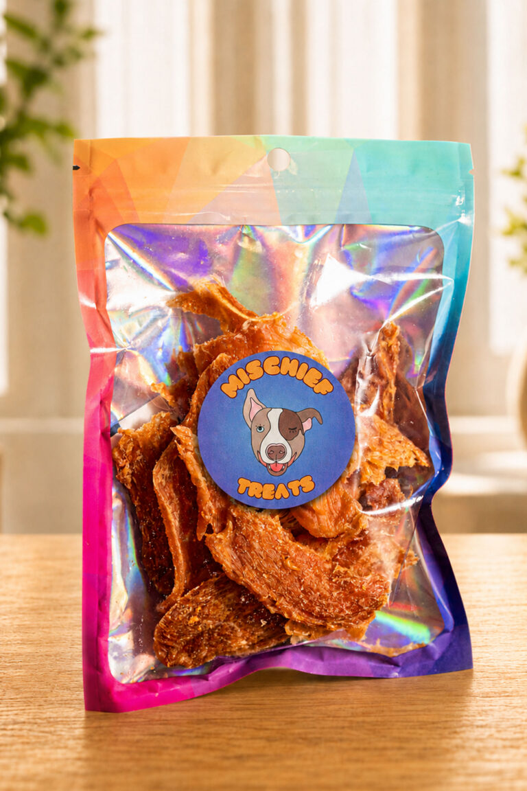 Mischief Treats Fish dog-treat pouch on a wooden table in a sunlit room
