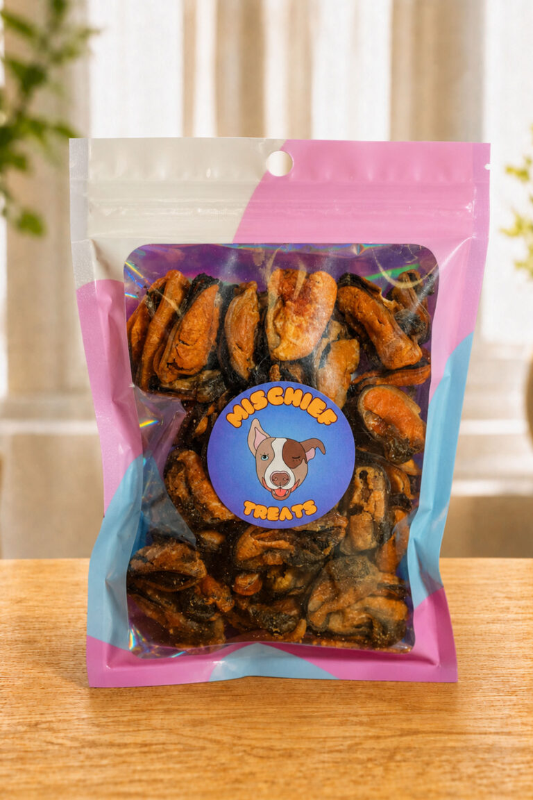 Mischief Treats Crunchy Pork Strips dog-treat pouch on a wooden table in a sunlit room