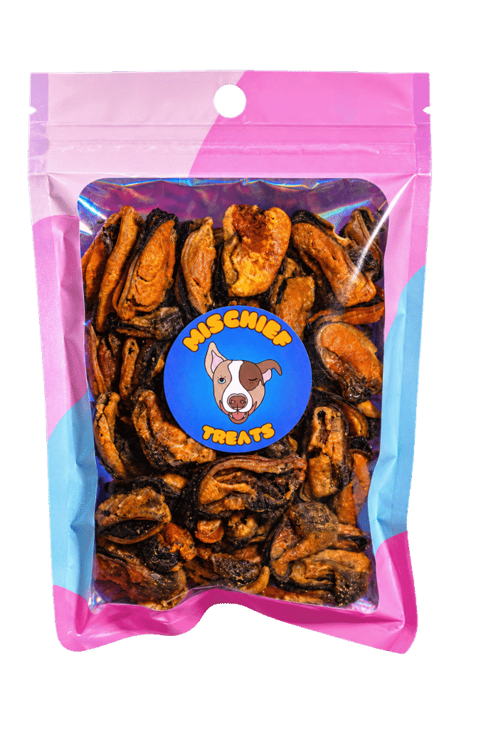 Mischief Treats Crunchy Pork Strips dog-treat pouch with a transparent background