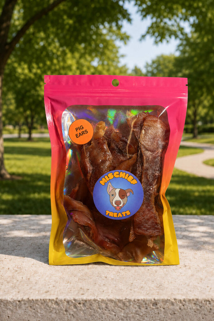 Mischief Treats Pig Ears dog-treat pouch on a stone ledge in a leafy park