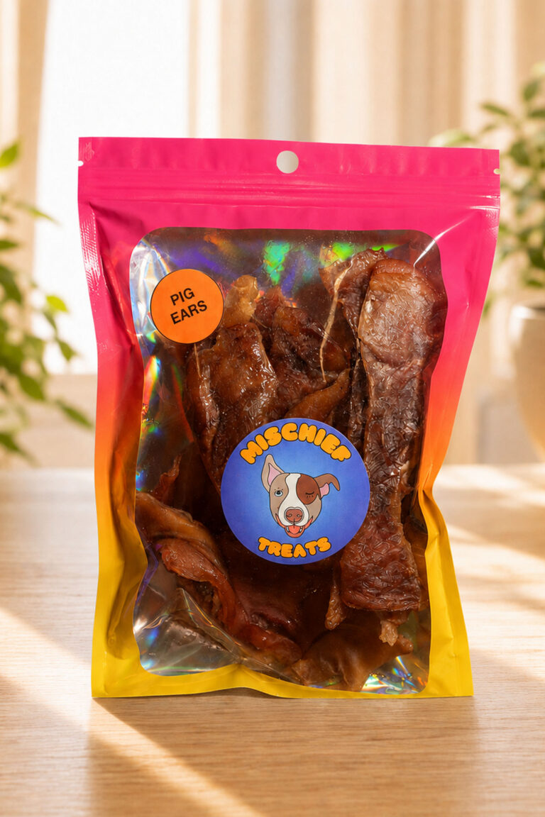 Mischief Treats Pig Ears dog-treat pouch on a wooden table in a sunlit room