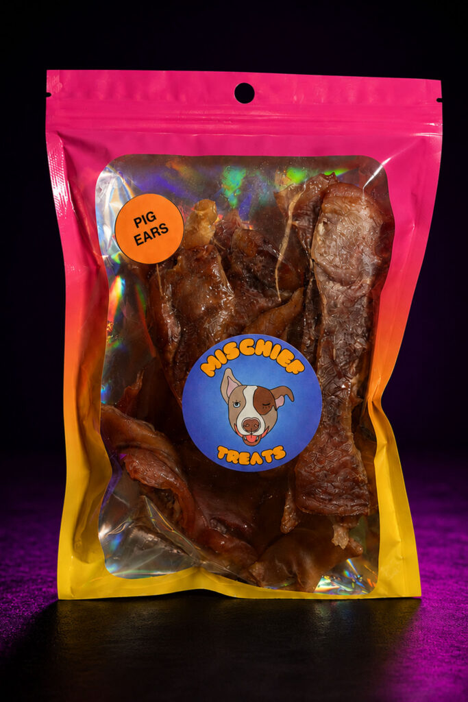 Mischief Treats Pig Ears dog-treat pouch against a dark studio background