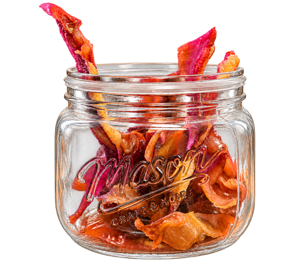 Pig-ear dog treats in a clear glass jar